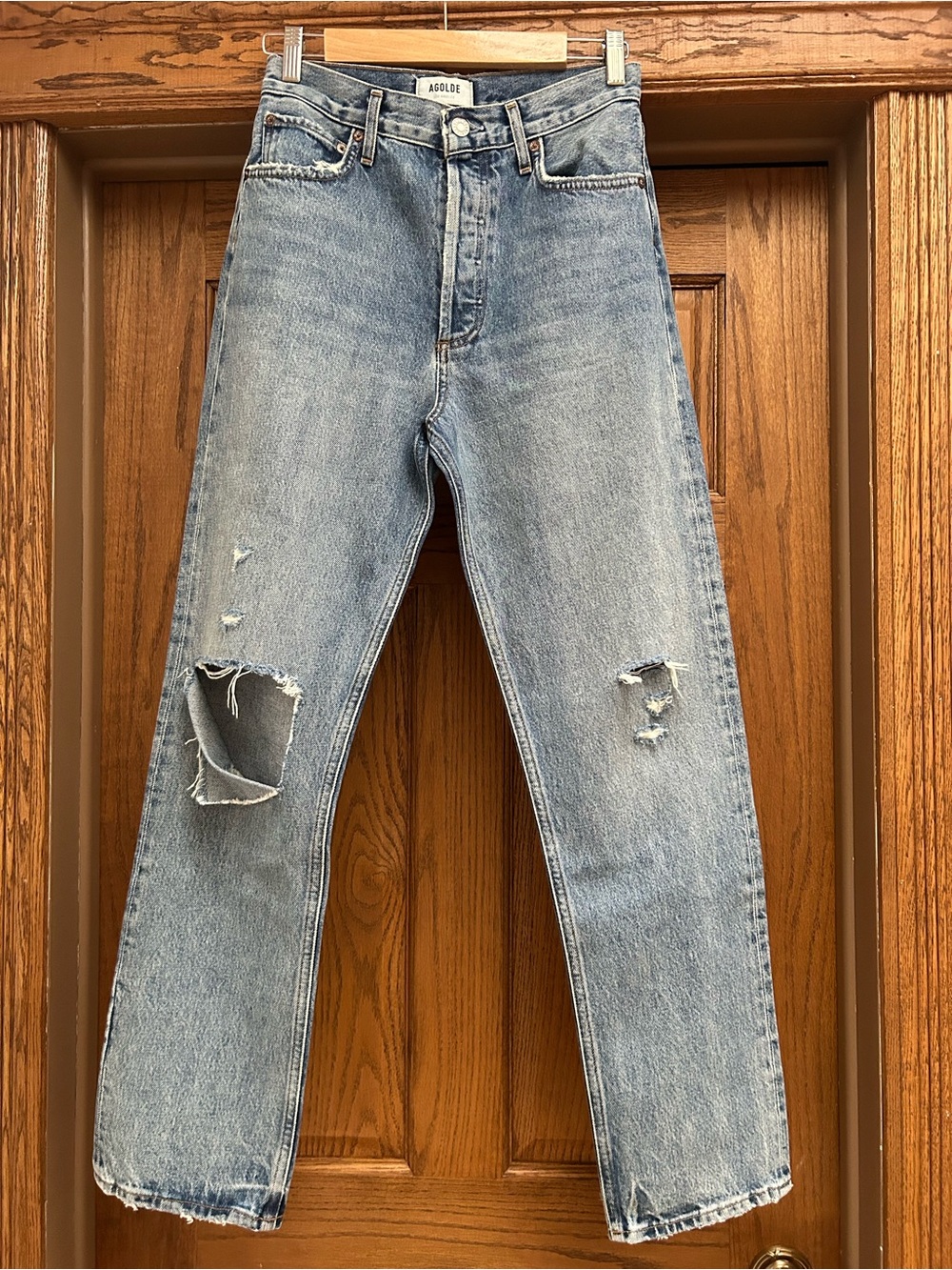 Agolde Light Wash Distressed Straight-Leg Jeans
